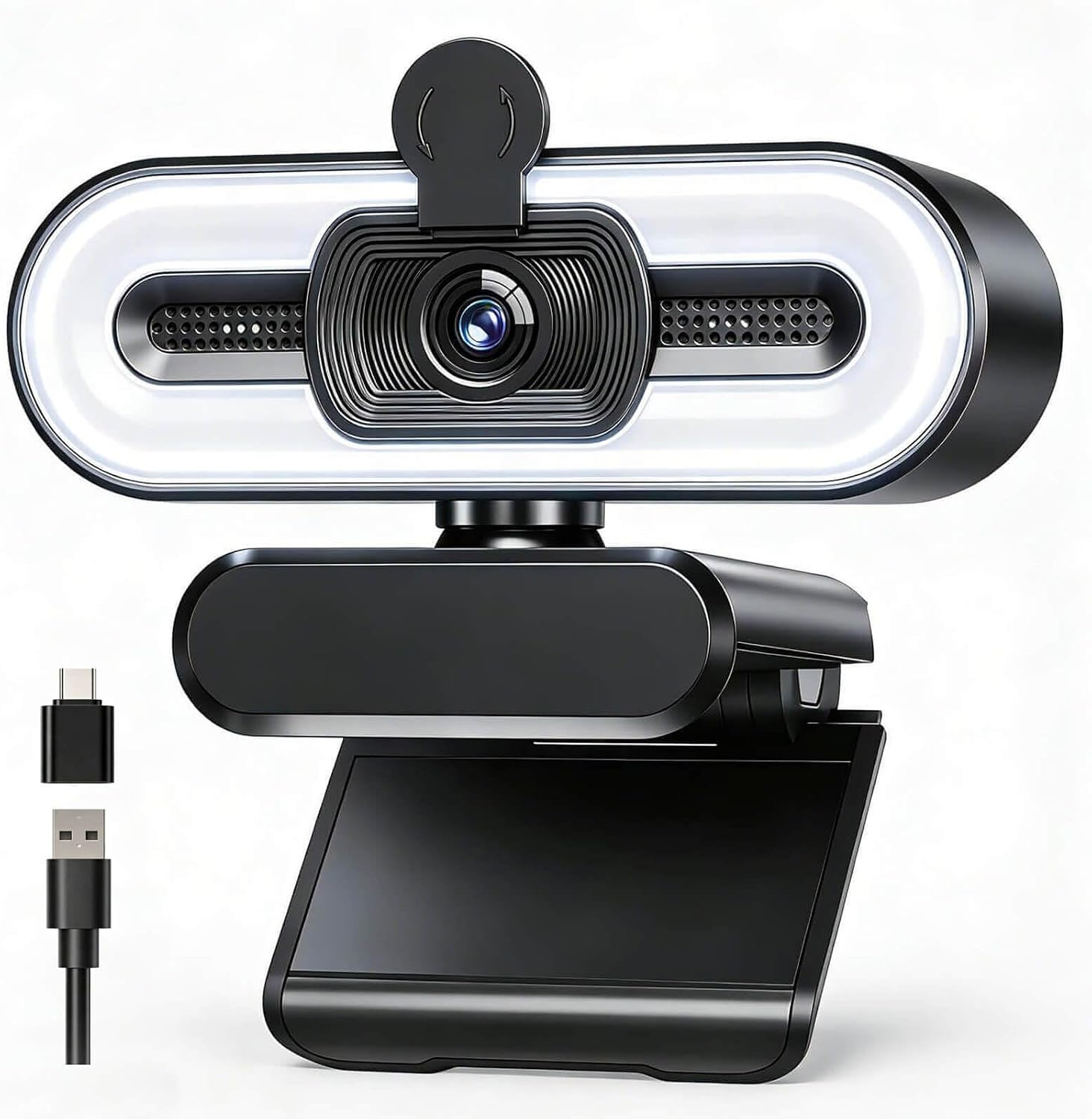 4K Webcam with Fill Light, Computer Camera with Privacy Cover & Noise-Reducing Microphone, Webcam for PC/Laptop/Mac/Monitor, USB-A to USB-C Adapter Included, Adjustable Brightness, Plug & Play